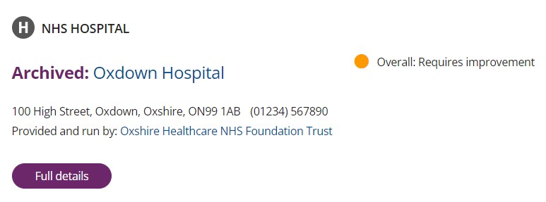 Archived services look like this Image of an archived hospital profile in our search results